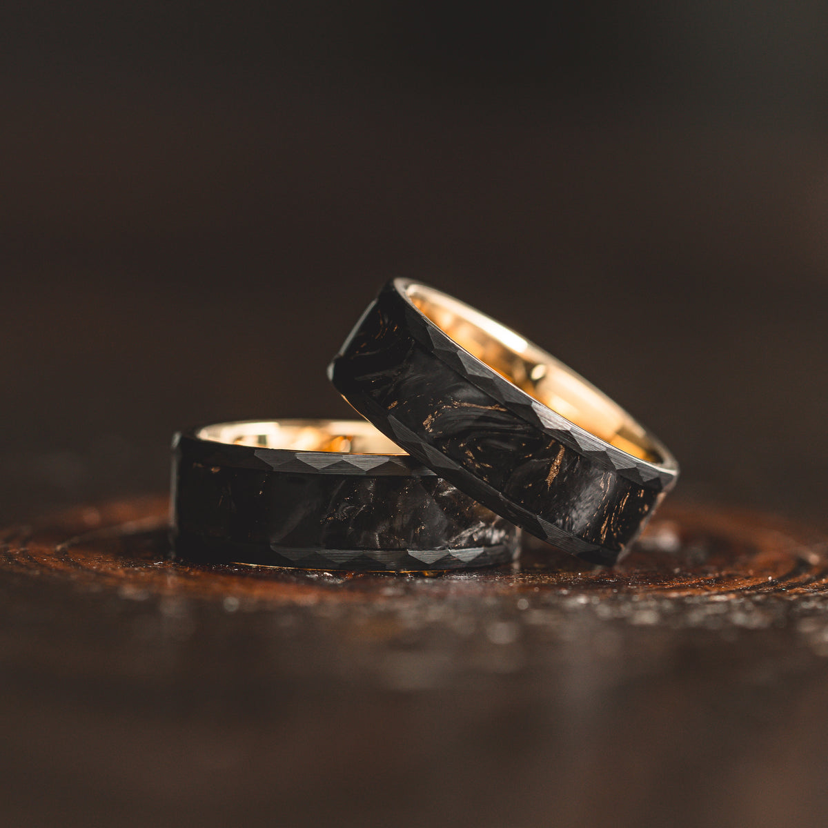 "Obsidian Vortex"  Forged Carbon with Yellow Gold Swirl 6mm/8mm