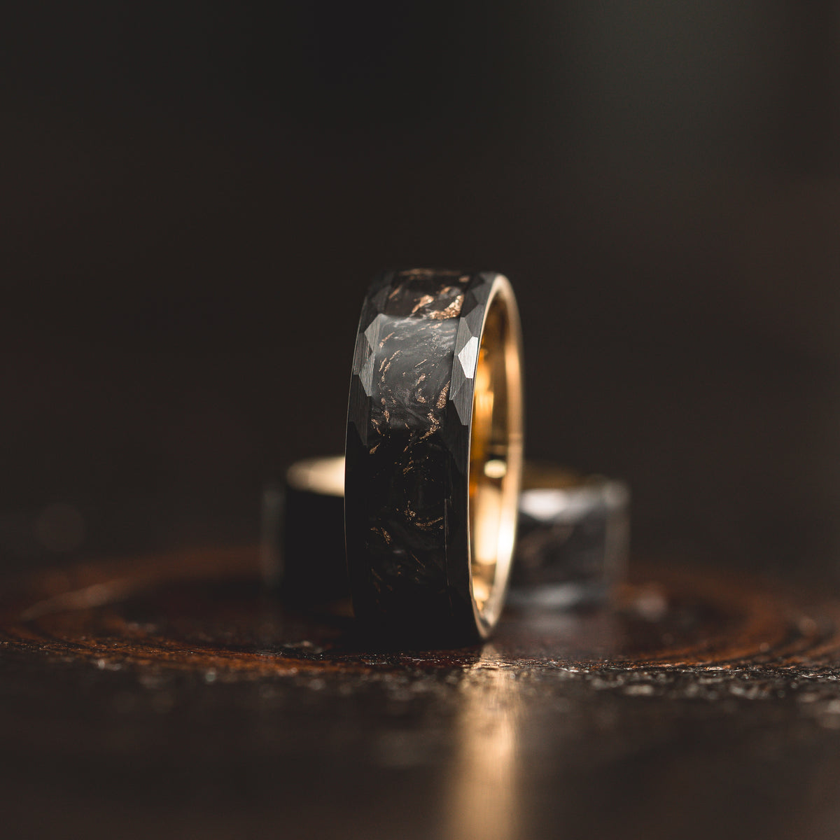 "Obsidian Vortex"  Forged Carbon with Yellow Gold Swirl 6mm/8mm