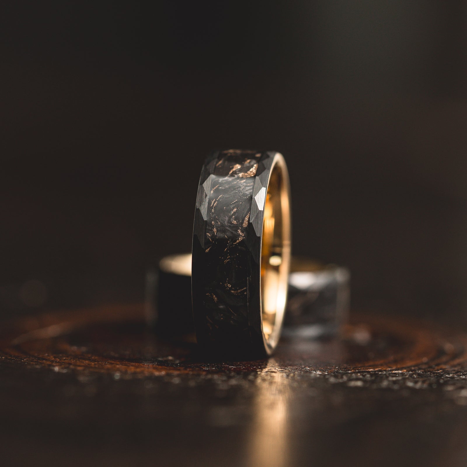 "Obsidian Vortex"  Forged Carbon with Yellow Gold Swirl 6mm/8mm