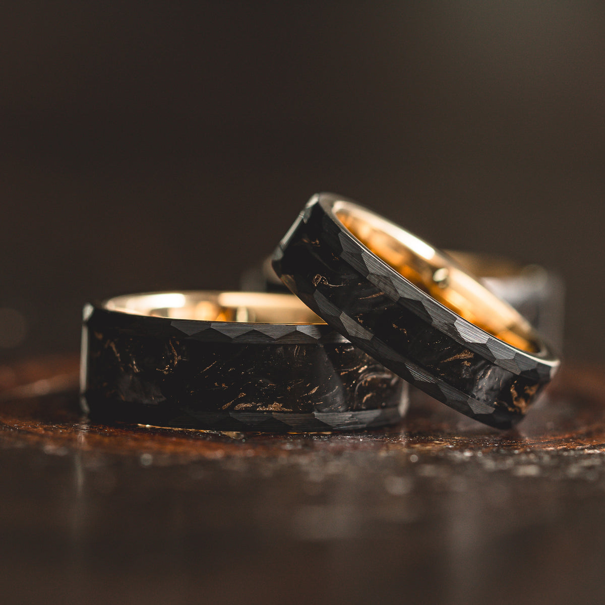 "Obsidian Vortex"  Forged Carbon with Yellow Gold Swirl 6mm/8mm