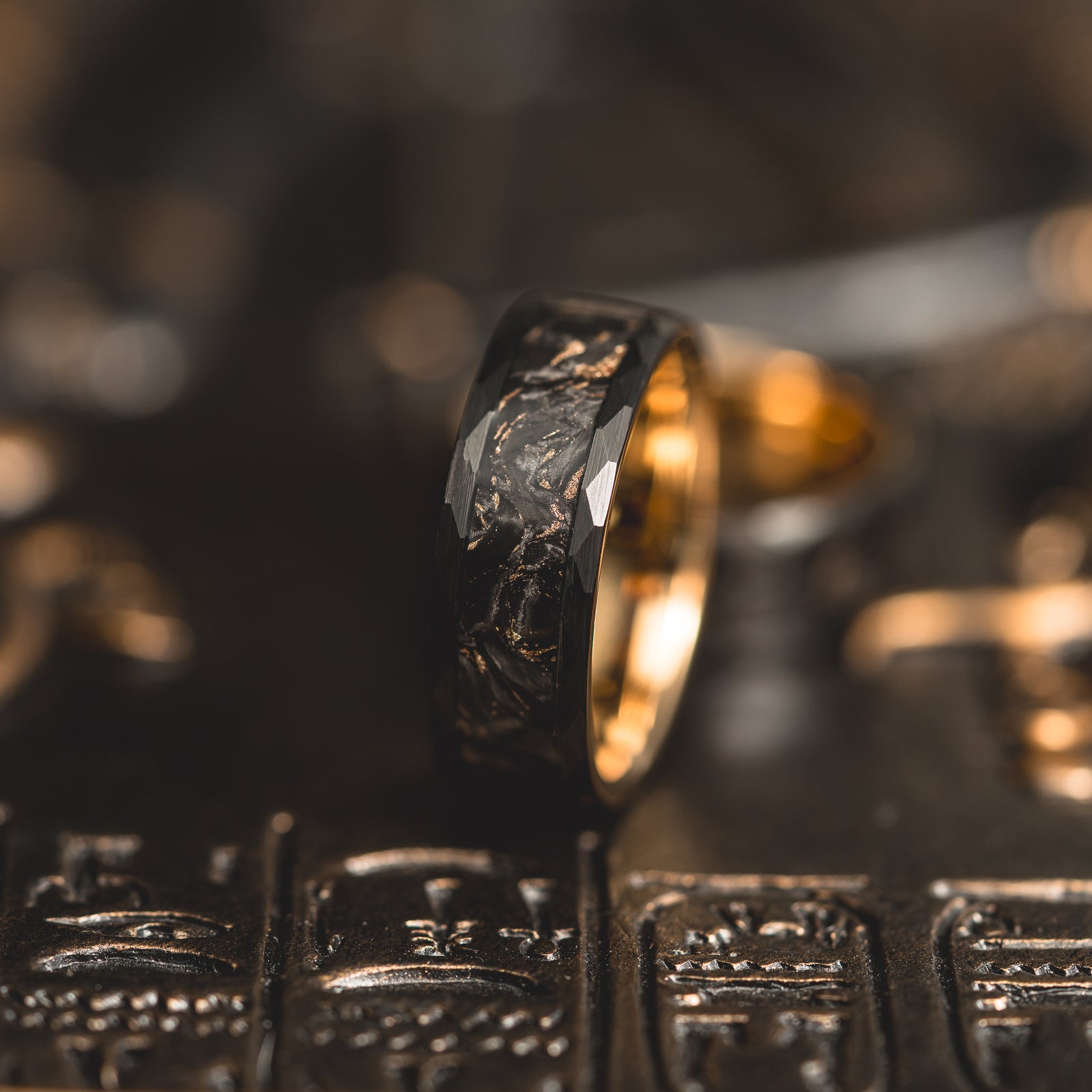 "Obsidian Vortex"  Forged Carbon with Yellow Gold Swirl 6mm/8mm