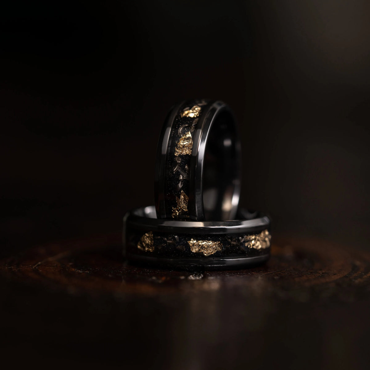 "Hades" Hammered Black Zirconium x Gold Leaf - Meteorite - 8mm