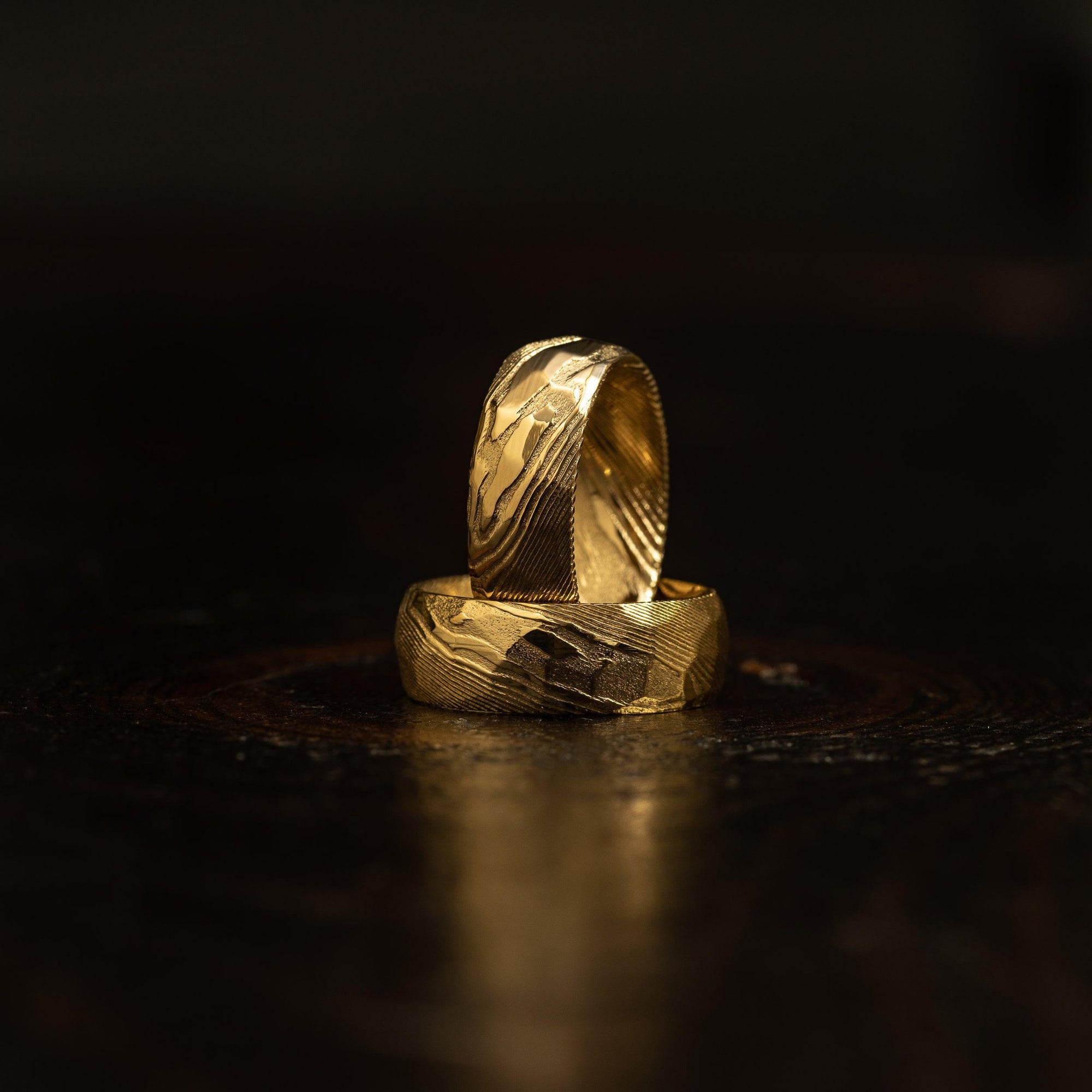 Hammered "Poseidon"  Steel Ring- Full Polish Gold Plate