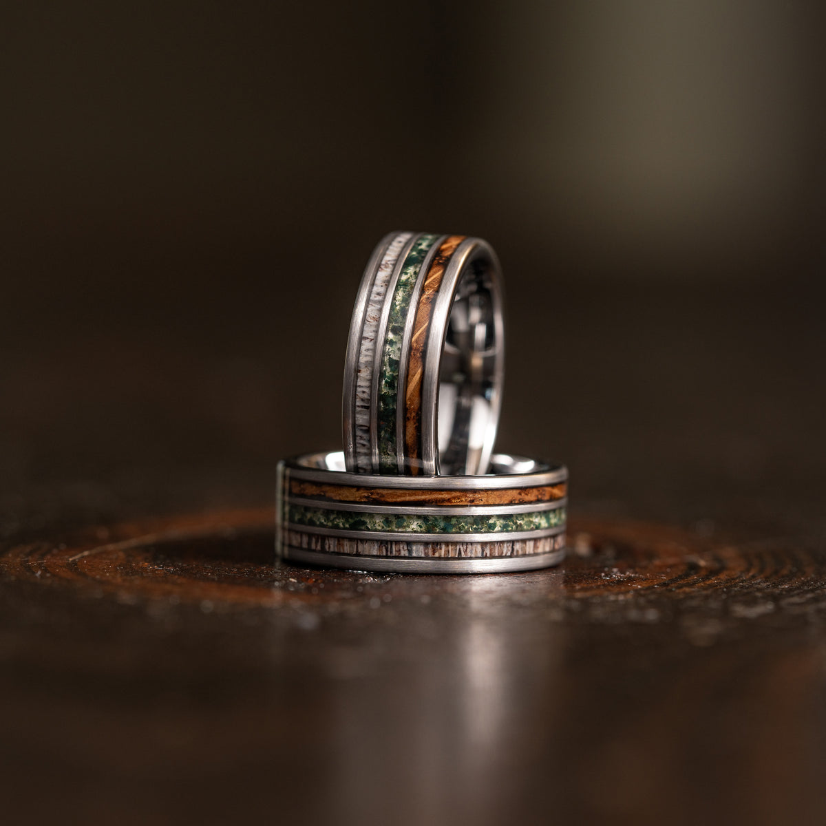 "Highlander"  Brushed Silver Tungsten with Whisky Barrel x Moss Agate x Antler