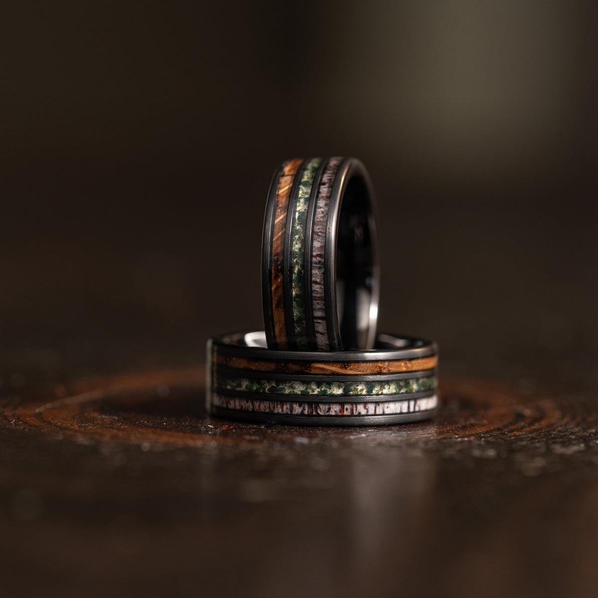 "Highlander"  Brushed Black Tungsten with Whisky Barrel x Moss Agate x Antler