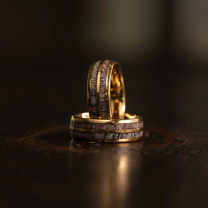 "Dionysus"  Double Barrel Naturally Shed Antler Yellow Gold Tungsten Ring- Domed