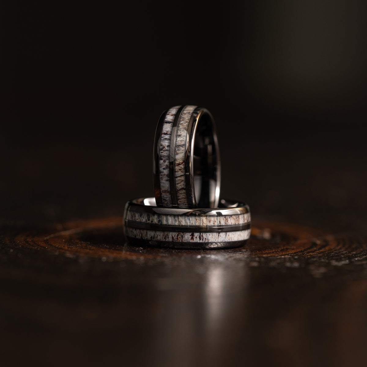"Dionysus"  Double Barrel Naturally Shed Antler Gunmetal Tungsten Ring- Domed