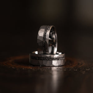 "Zeus" Hammered Tungsten Carbide Ring- Silver w/ Meteorite- 8mm