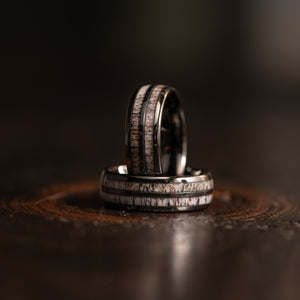"Dionysus"  Double Barrel Naturally Shed Antler Gunmetal Tungsten Ring- Domed