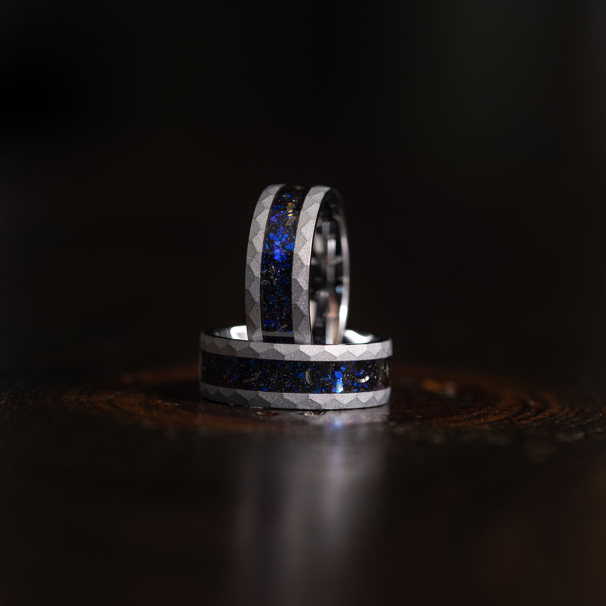 "Zeus" Hammered Nebula Ring- Meteorite and Opal- Silver 8mm