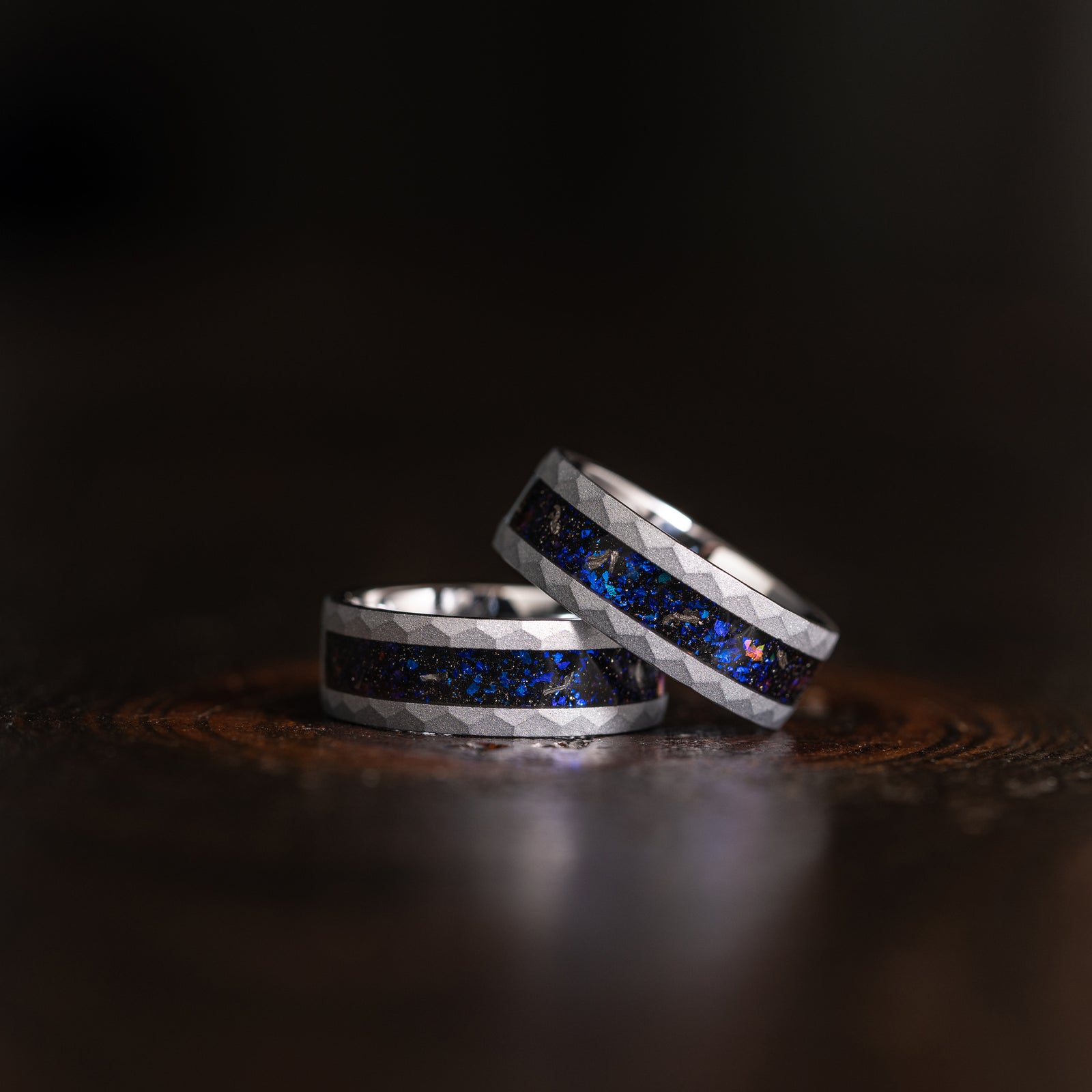 "Zeus" Hammered Nebula Ring- Meteorite and Opal- Silver 8mm