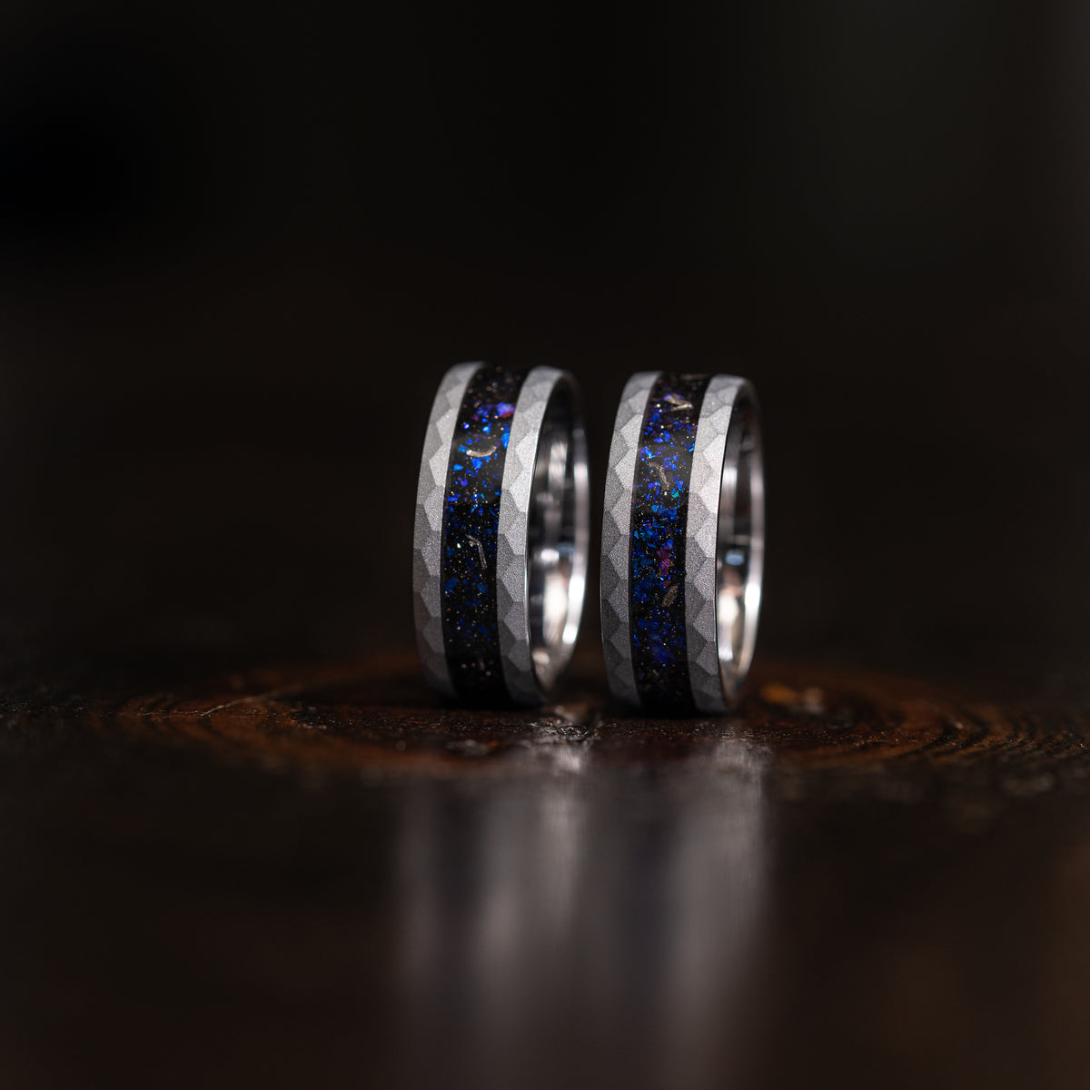 "Zeus" Hammered Nebula Ring- Meteorite and Opal- Silver 8mm