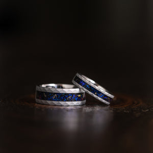"Zeus" Hammered Blue Nebula Ring- Meteorite and Opal- Silver 5mm Womens