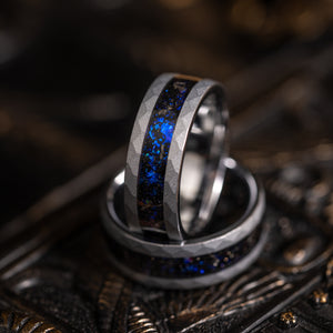 "Zeus" Hammered Nebula Ring- Meteorite and Opal- Silver 8mm