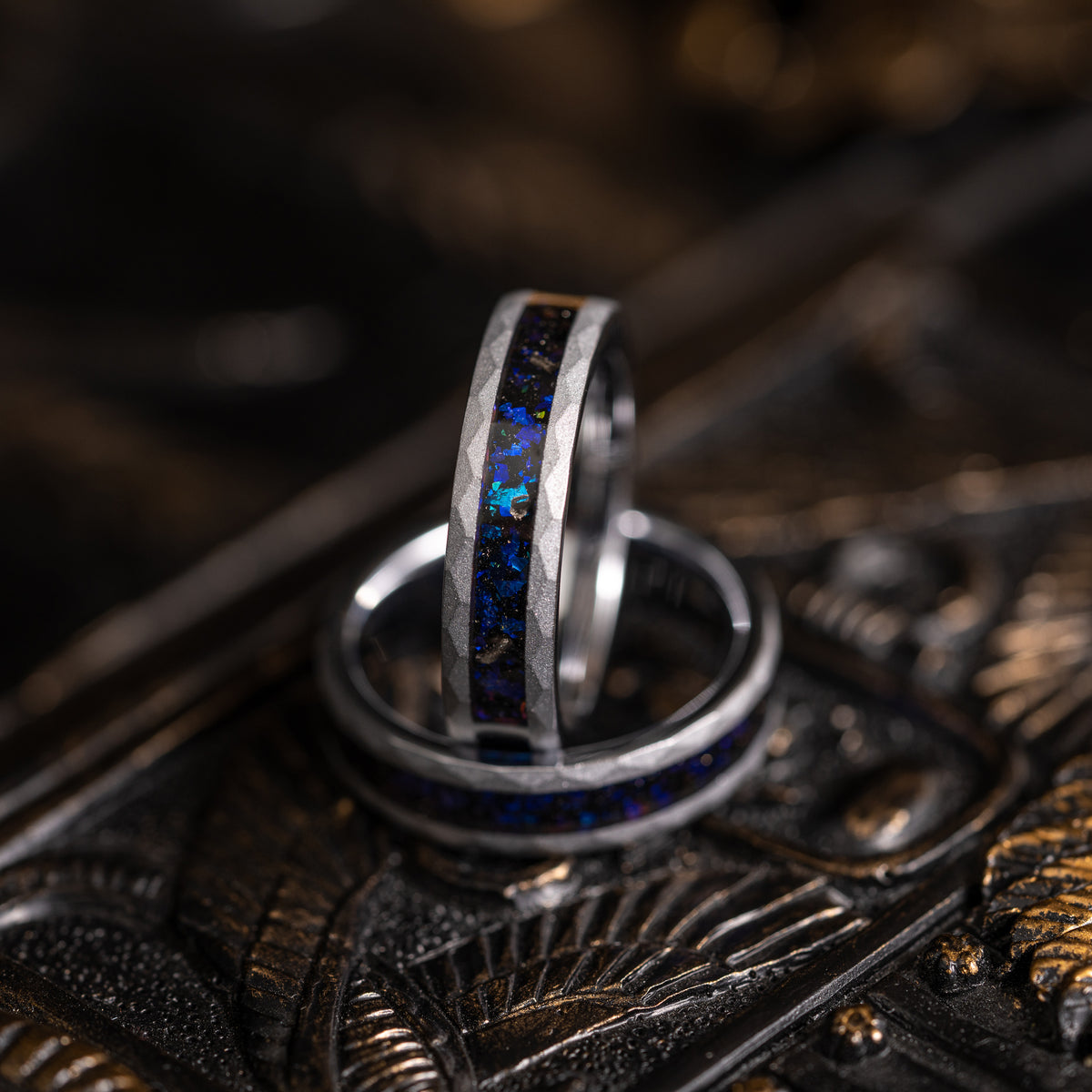 &quot;Zeus&quot; Hammered Blue Nebula Ring- Meteorite and Opal- Silver 5mm Womens