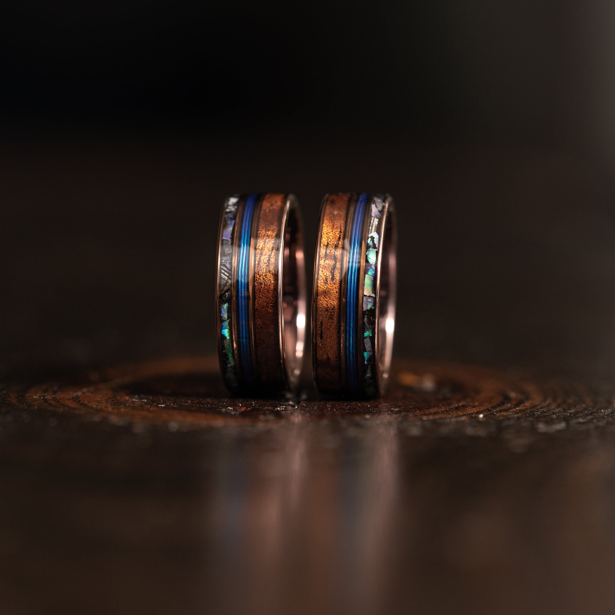 "Dionysus"  Koa Wood x Abalone x Fishing Line- Smoked Rose Gold Tungsten