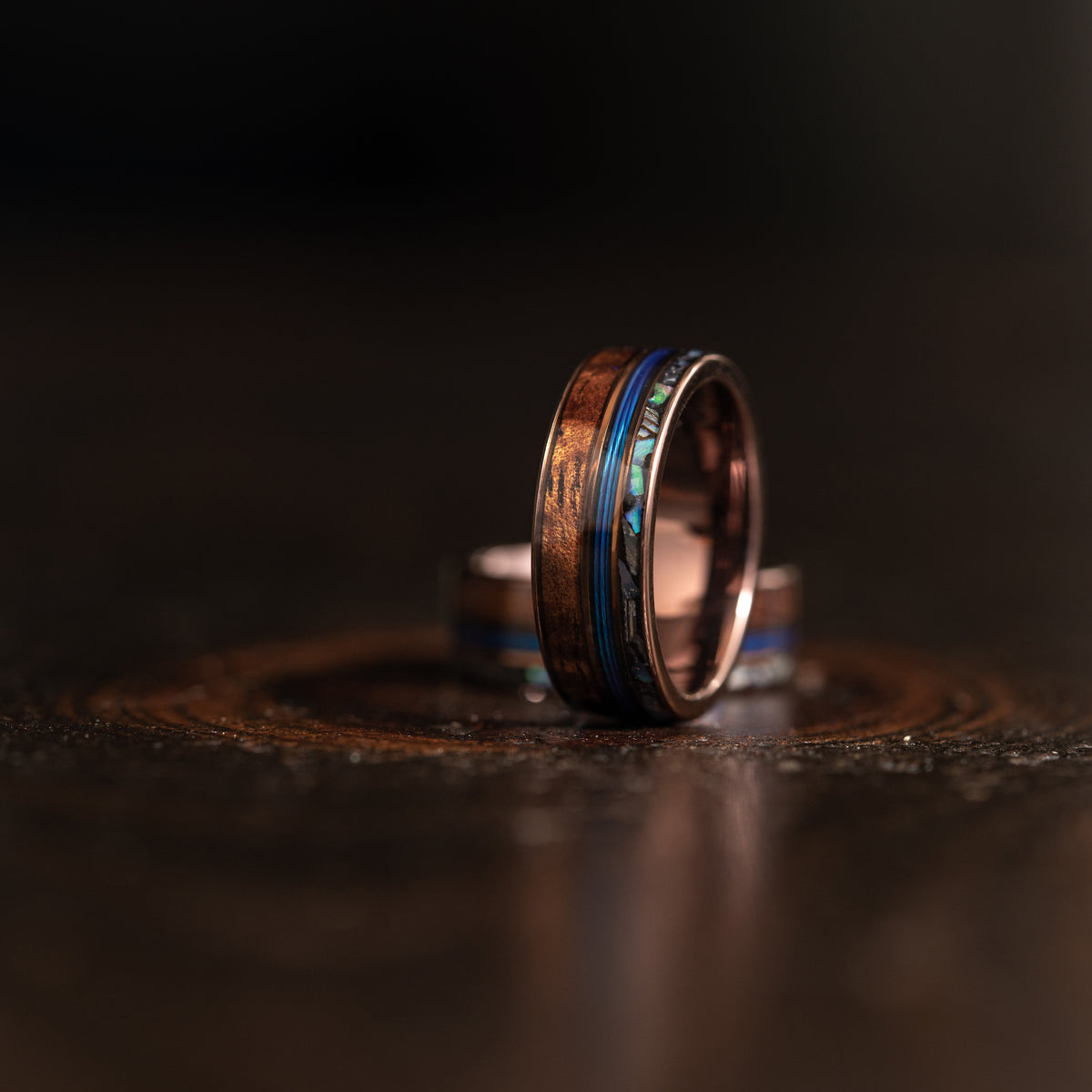 "Dionysus"  Koa Wood x Abalone x Fishing Line- Smoked Rose Gold Tungsten