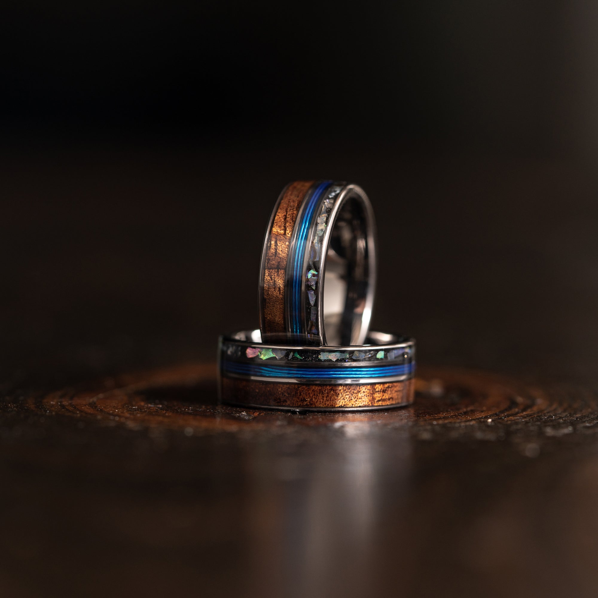 "Dionysus"  Koa Wood x Abalone x Fishing Line- Gunmetal Tungsten