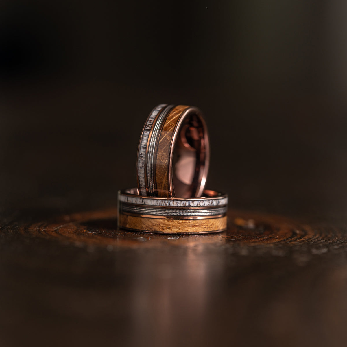 "Dionysus"  Whiskey Barrel Wood x  Antler x Fishing Line- Smoked Rose Gold Tungsten