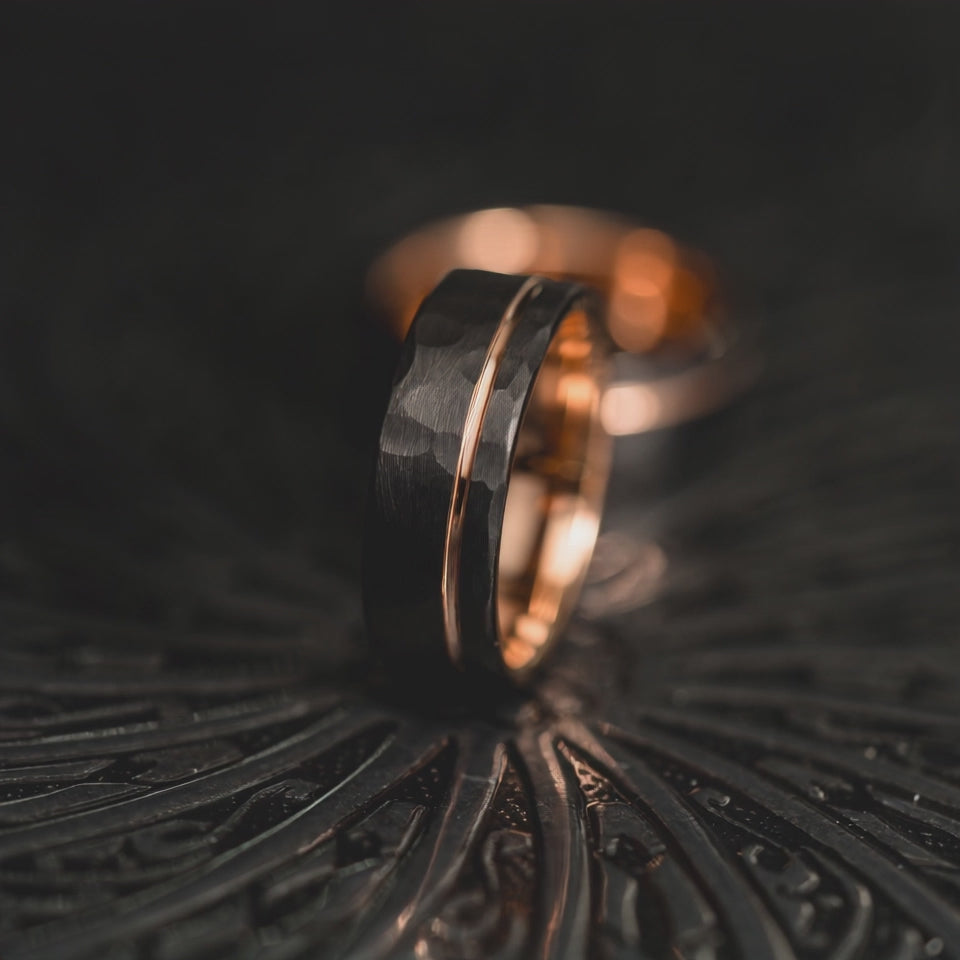 "Hex Forge" Hammered Tungsten Carbide- 8mm- Black x Rose Gold