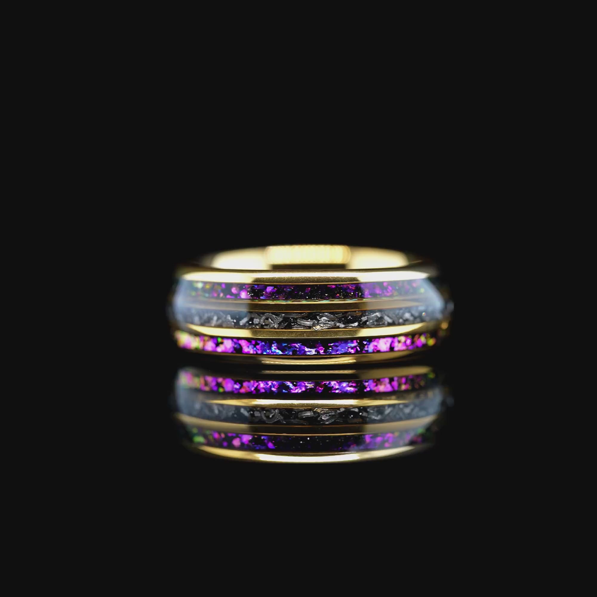 "Dionysus" Domed Nebula Ring- Meteorite and Opal- Gold 8mm