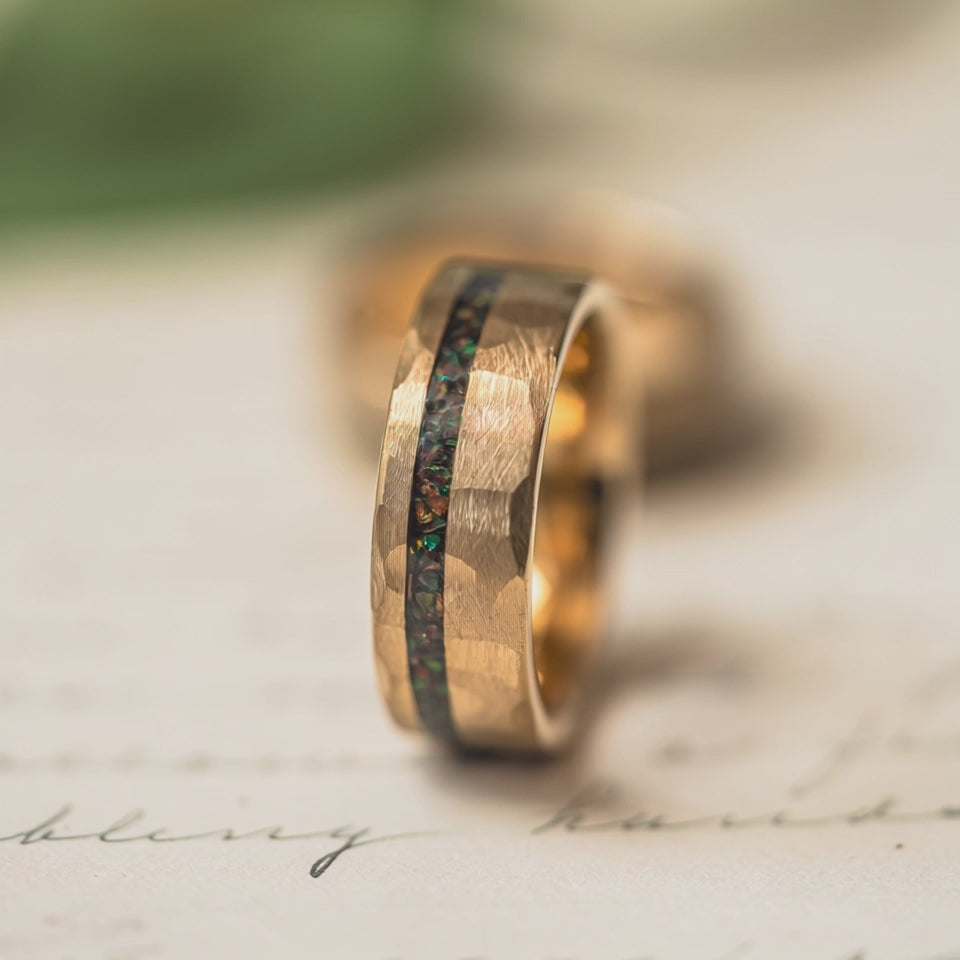 "Fire Root"  Rasta Opal x Brushed Hammered Tungsten Carbide- Gold