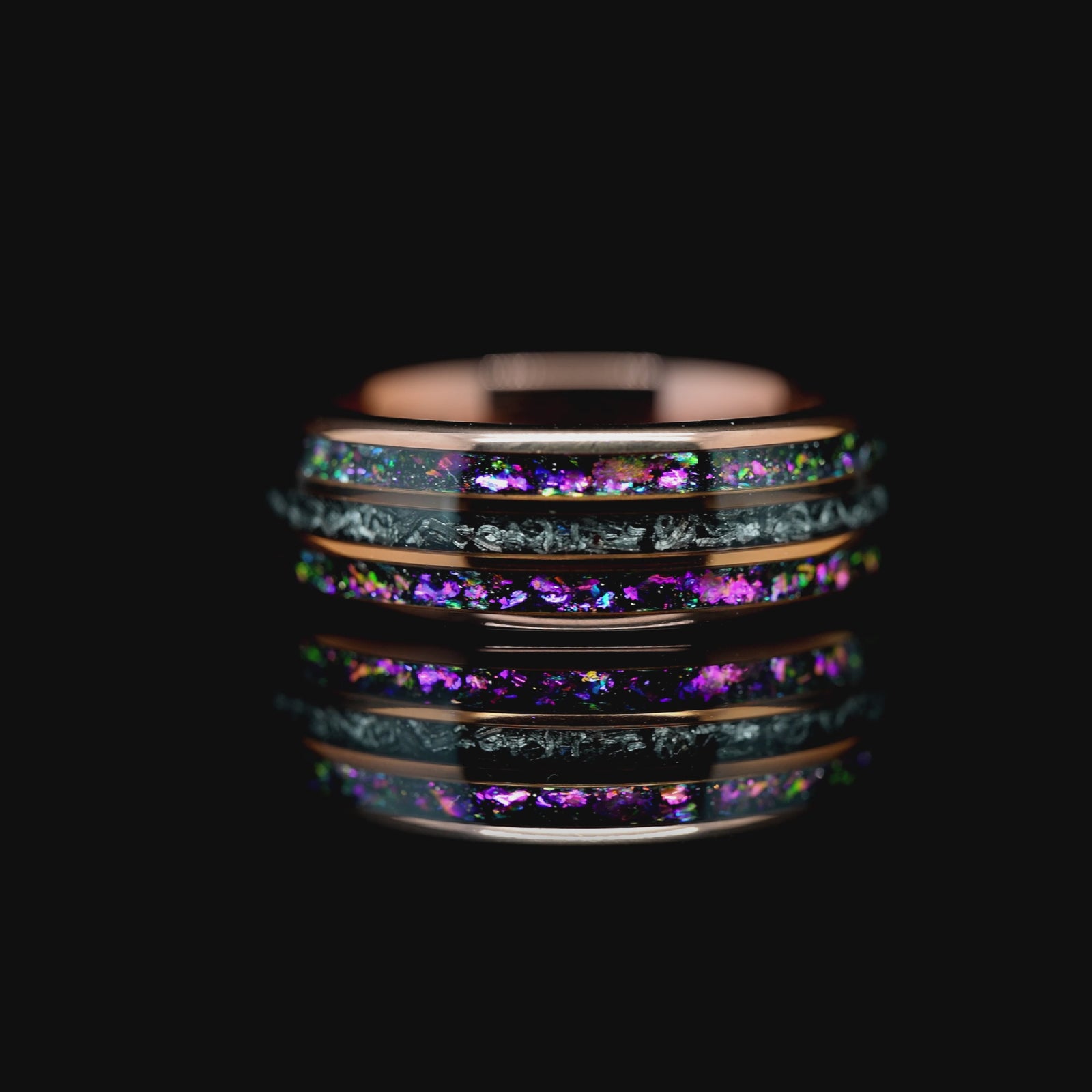 "Dionysus" Domed Nebula Ring- Meteorite and Opal- Smoked Rose Gold 8mm