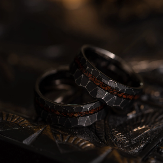 "Zeus" Distressed Hammered Dinosaur fossil - Tungsten Carbide Ring- Black w/ Red Dinosaur Bone- 8mm