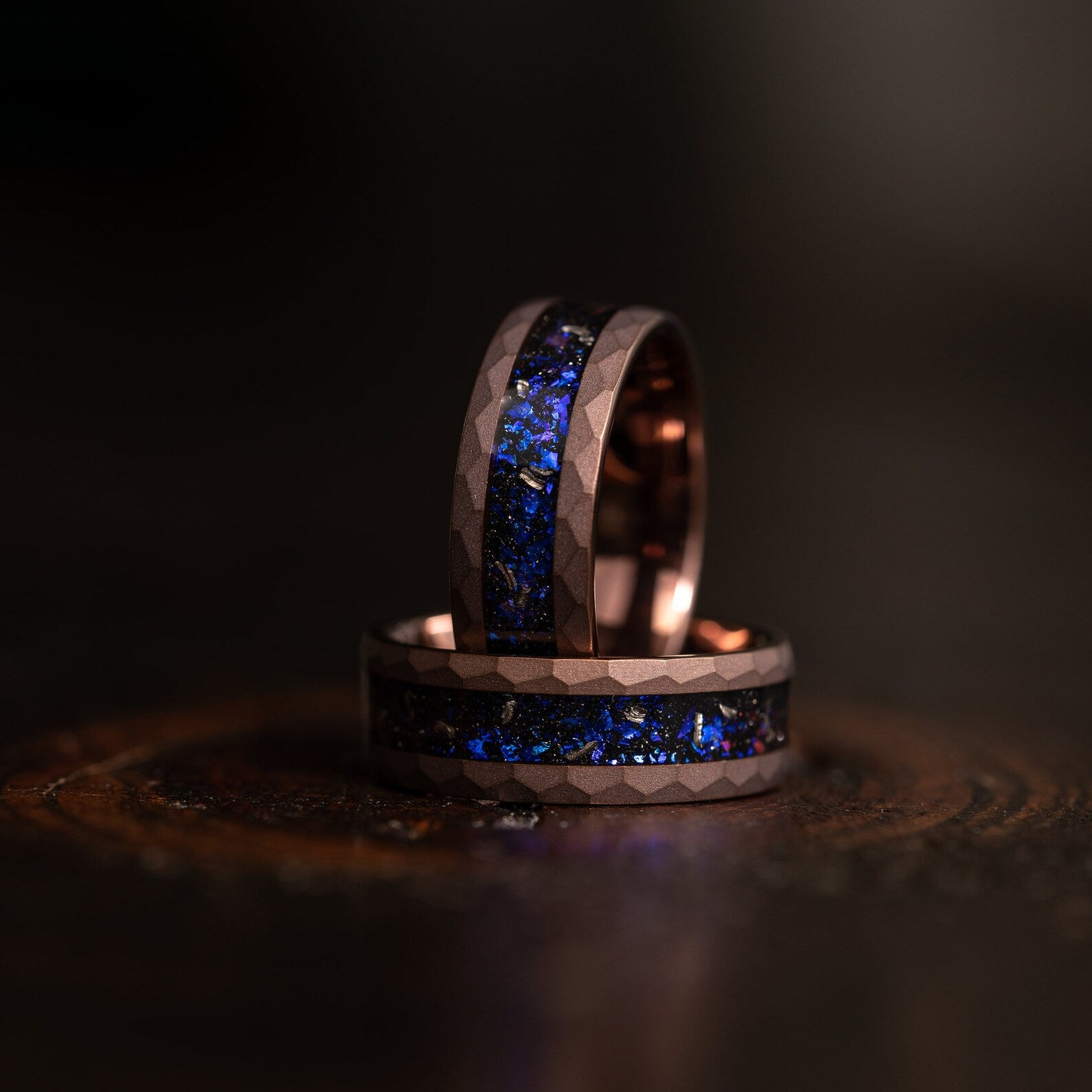 "Zeus" Chocolate Hammered Nebula Ring- Meteorite and Opal- Black 8mm