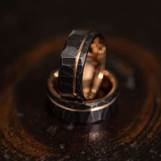 "Zeus" Distressed Hammered Tungsten Carbide Ring- Black w/ Rose Gold Gold Strip- 8mm