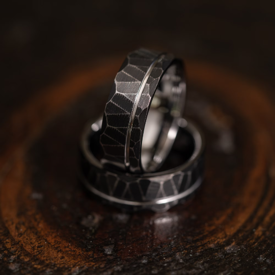 &quot;Zeus&quot; Distressed Hammered Tungsten Carbide Ring- Black w/ White Gold Gold Strip- 8mm