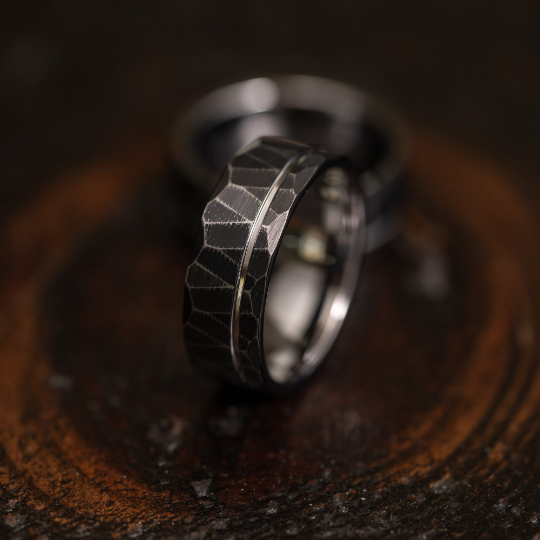 "Zeus" Distressed Hammered Tungsten Carbide Ring- Black w/ White Gold Gold Strip- 8mm