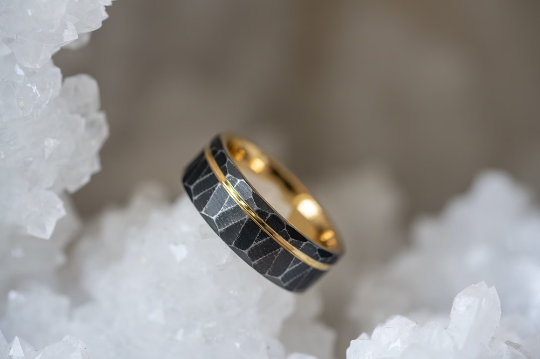 "Zeus" Distressed Hammered Tungsten Carbide Ring- Black w/ Yellow Gold Strip- 8mm