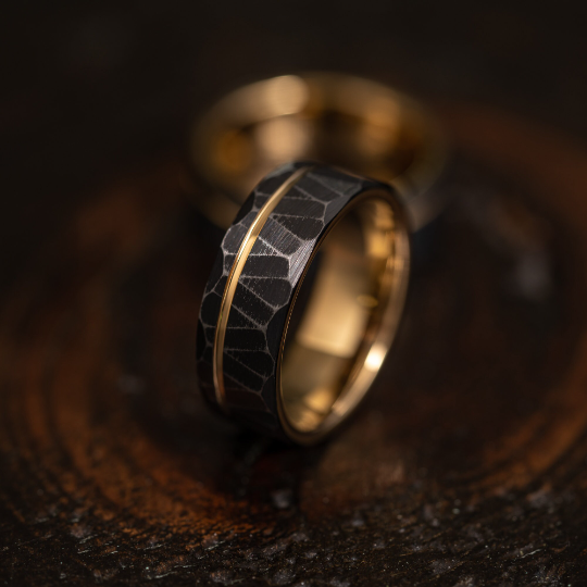 &quot;Zeus&quot; Distressed Hammered Tungsten Carbide Ring- Black w/ Yellow Gold Strip- 8mm