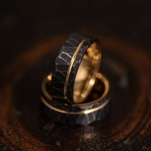 "Zeus" Distressed Hammered Tungsten Carbide Ring- Black w/ Yellow Gold Strip- 8mm