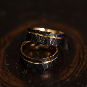 "Zeus" Distressed Hammered Tungsten Carbide Ring- Black w/ Yellow Gold Strip- 8mm