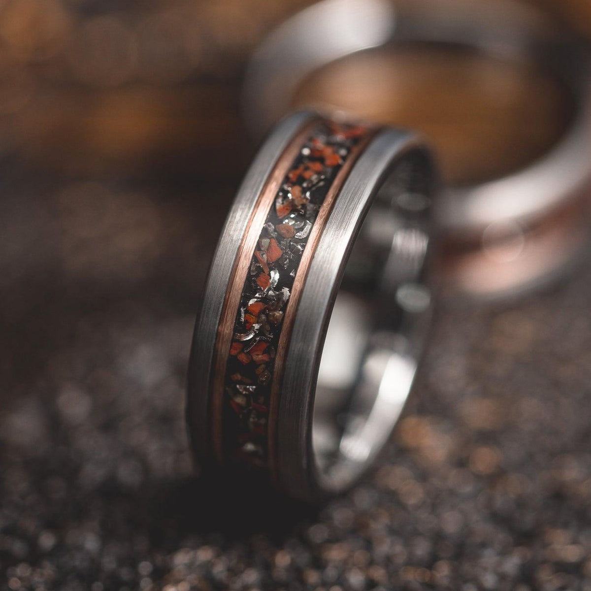 &quot;Perseus&quot; Silver/Rose Flat Tungsten Carbide Ring- Dinosaur Bones and Meteorite- Grey/Rose- 6mm/8mm