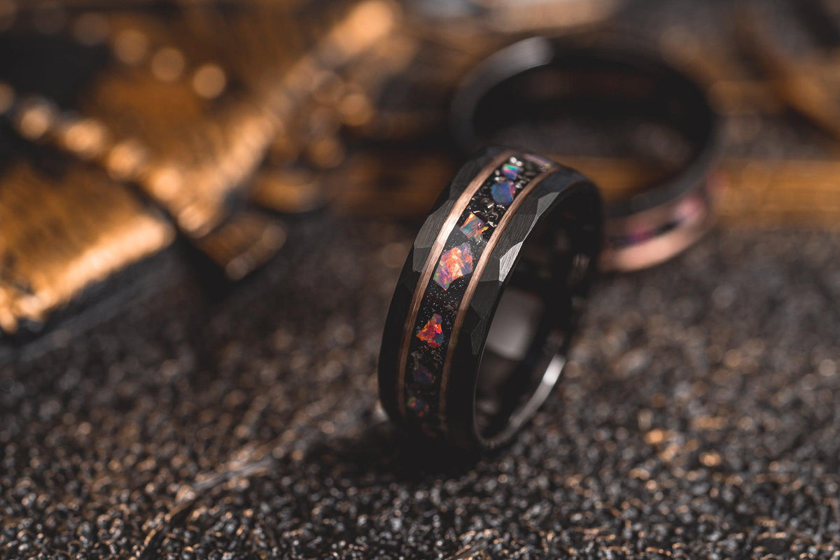 "Zeus" Hammered Tungsten Carbide Ring- Meteorite and Opal- Black/Rose- 6mm/8mm