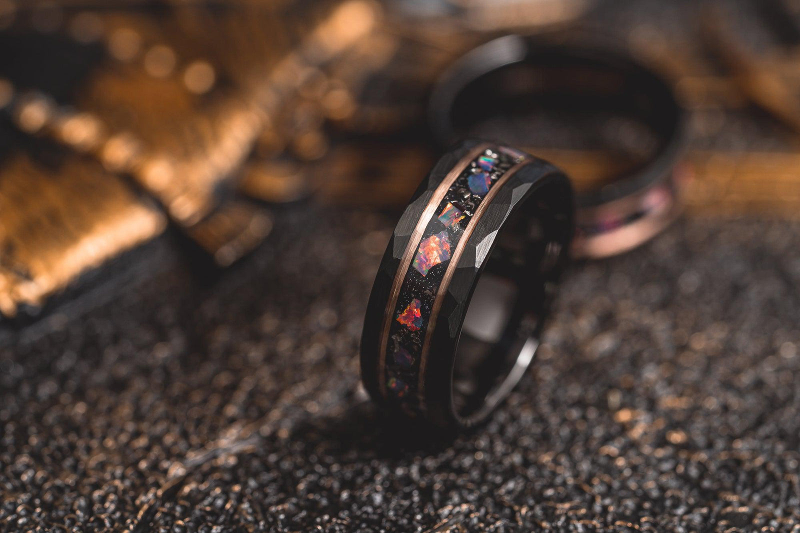 "Zeus" Hammered Tungsten Carbide Ring- Meteorite and Opal- Black/Rose- 6mm/8mm