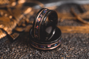 "Zeus" Hammered Tungsten Carbide Ring- Meteorite and Opal- Black/Rose- 6mm/8mm