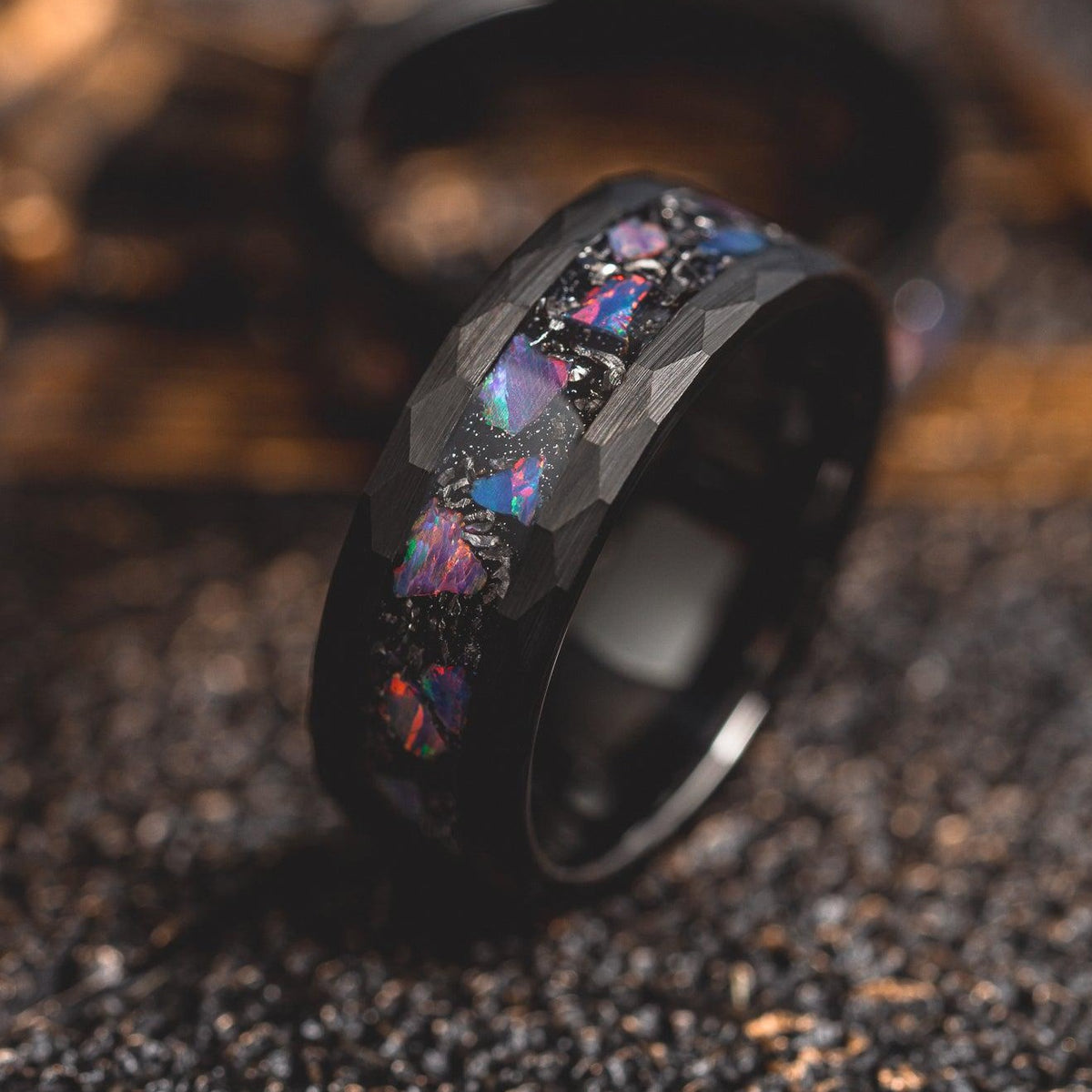 &quot;Zeus&quot; Hammered Tungsten Carbide Ring- Meteorite and Opal- Black- 6mm/8mm