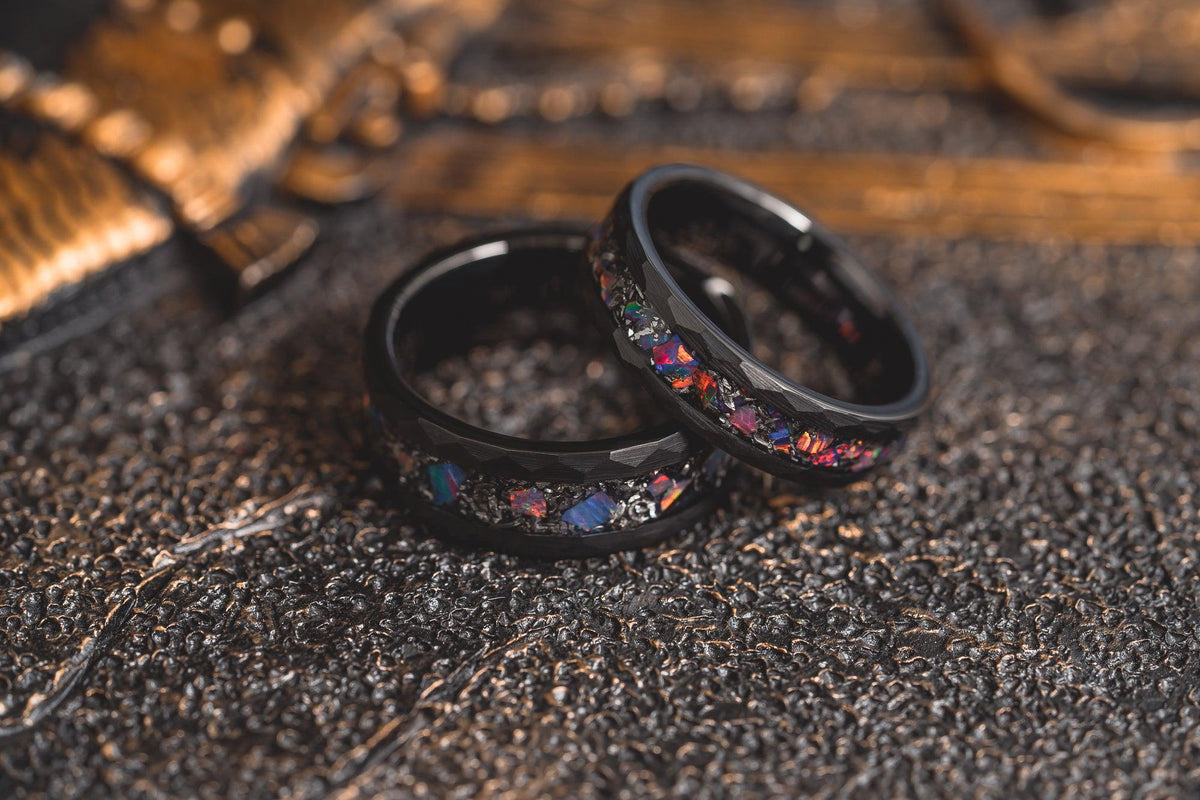 Zeus Hammered Tungsten Carbide Ring Meteorite and Opal Black 6mm RBL