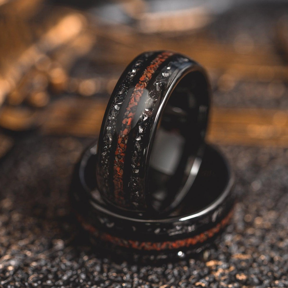 "Perseus" Black Domed Tungsten Carbide Ring- Dinosaur Bones and Meteorite- 6mm/8mm