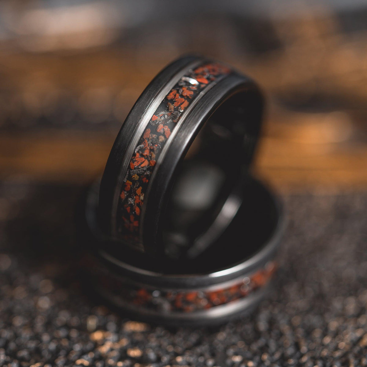 &quot;Perseus&quot; Black/Silver FLAT Tungsten Carbide Ring- Dinosaur Bones and Meteorite- 6mm/8mm