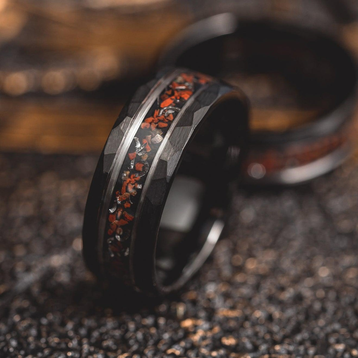 &quot;Perseus&quot; Black/Silver Hammered Tungsten Carbide Ring- Dinosaur Bones and Meteorite- 6mm/8mm