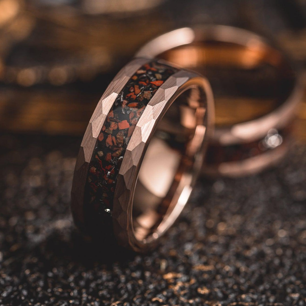 &quot;Perseus&quot; Rose Gold Hammered Tungsten Carbide Ring- Dinosaur Bones and Meteorite- 6mm/8mm