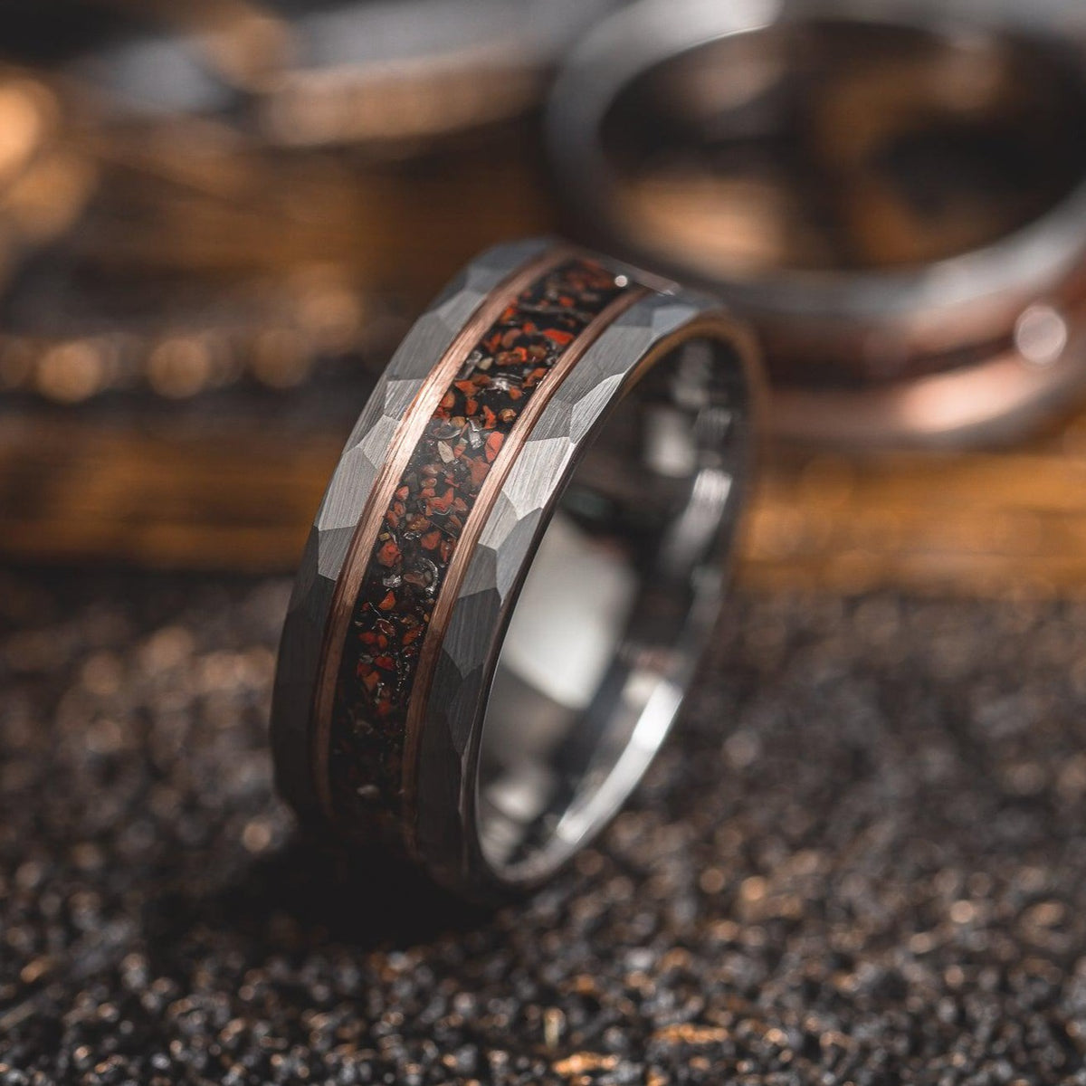 &quot;Perseus&quot; Grey/Rose Hammered Tungsten Carbide Ring- Dinosaur Bones and Meteorite- Grey/Rose- 6mm/8mm