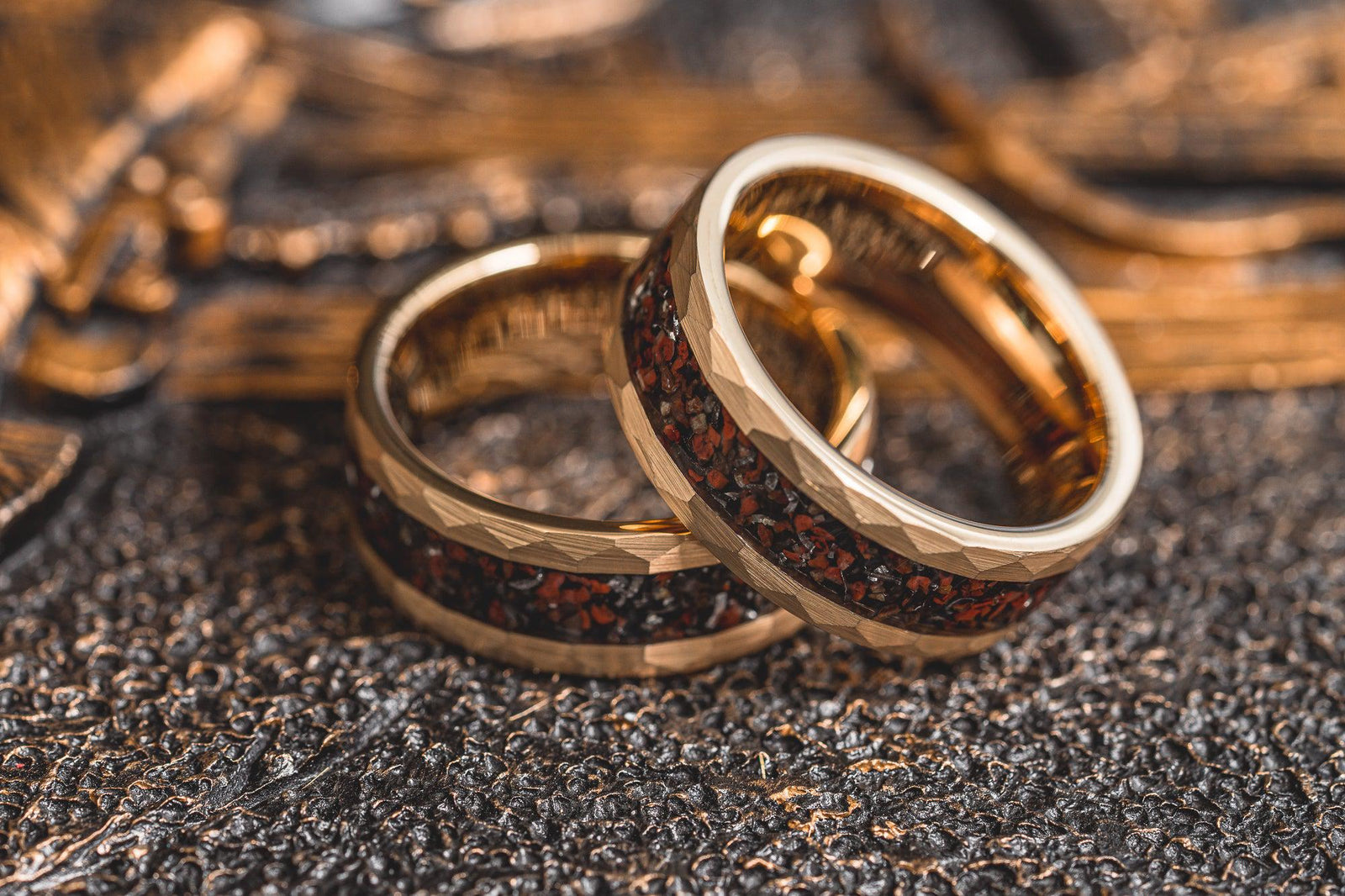 "Perseus" Yellow Gold Hammered Tungsten Carbide Ring- Dinosaur Bones and Meteorite- 6mm/8mm