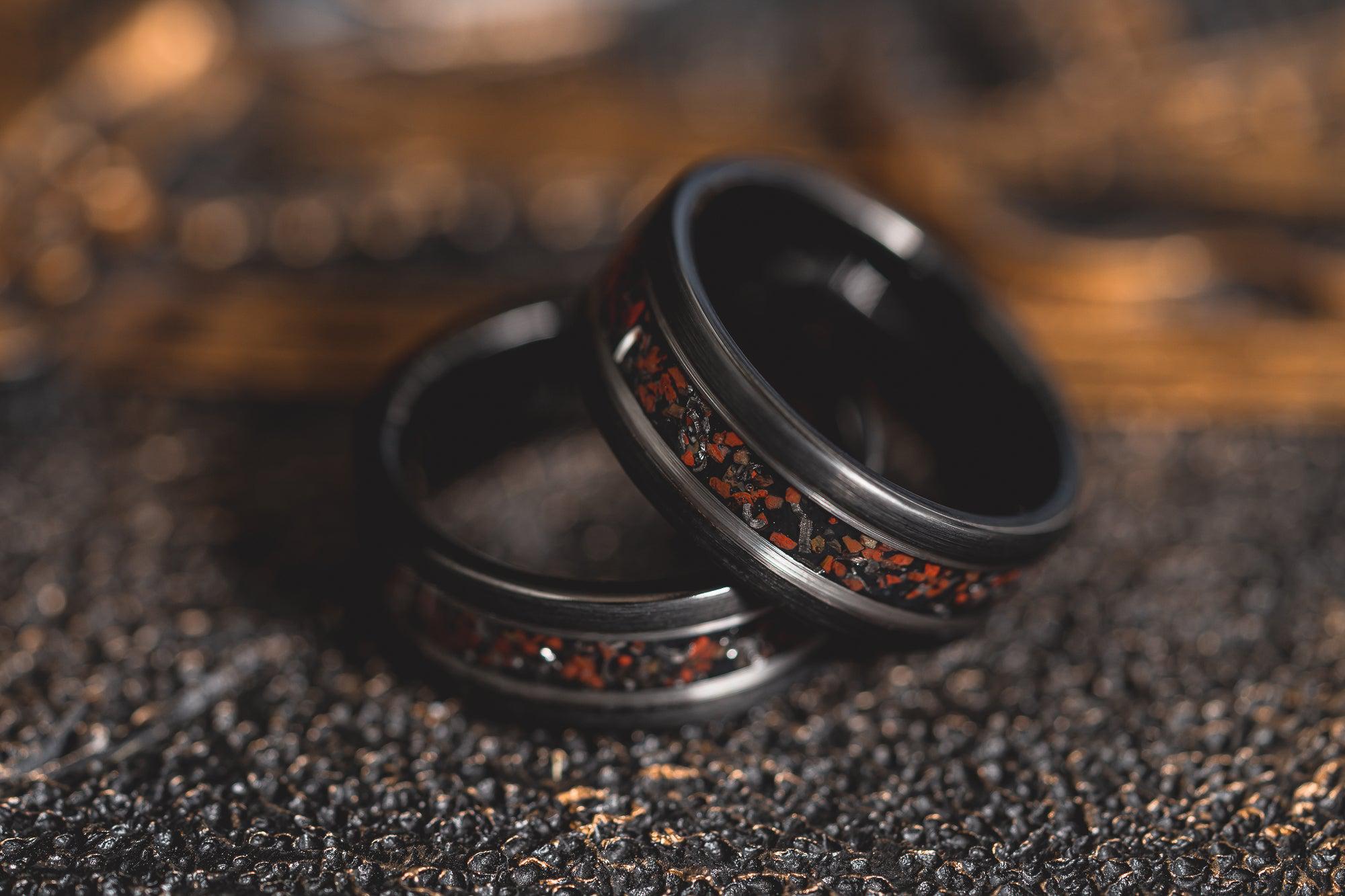 "Perseus" Black/Silver FLAT Tungsten Carbide Ring- Dinosaur Bones and Meteorite- 6mm/8mm