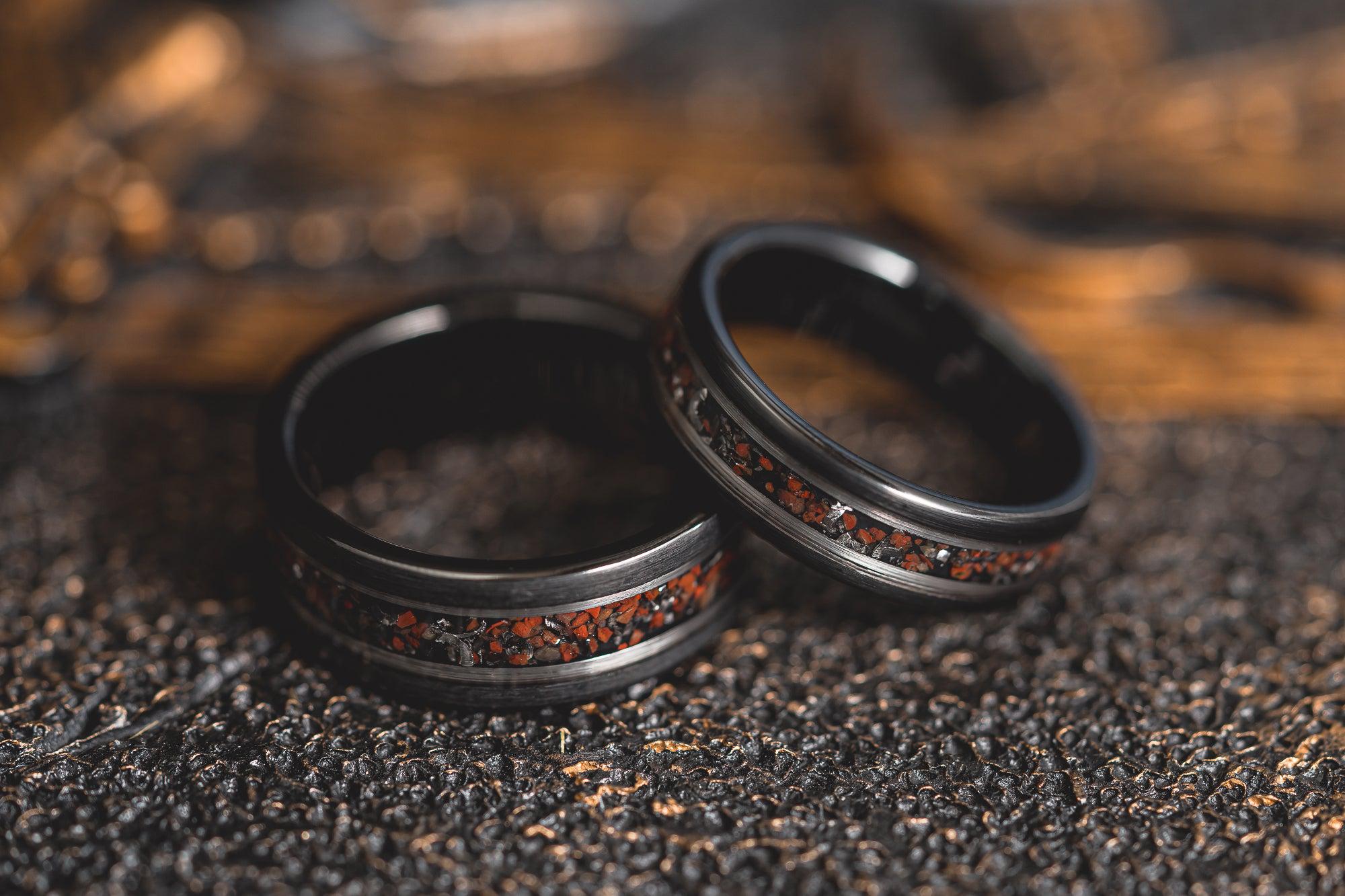 "Perseus" Black/Silver FLAT Tungsten Carbide Ring- Dinosaur Bones and Meteorite- 6mm/8mm